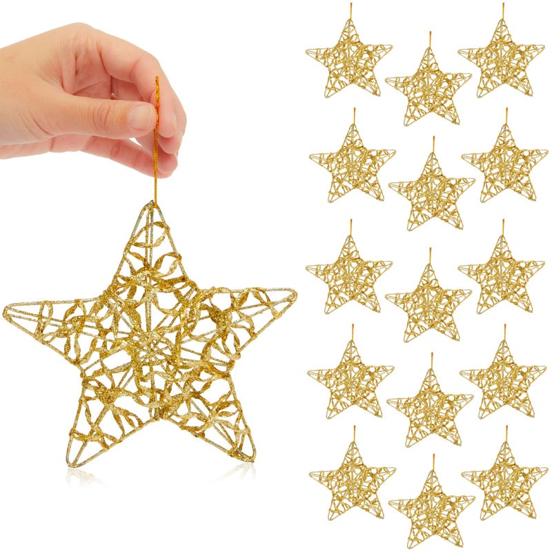 KEYDUACU 16 pcs - 3.15"" Gold Christmas Tree Star Ornament, Gold Glitter Christmas Tree Decoration Set (3.15"" Gold Pentagrams - 16 Pcs - Image 1
